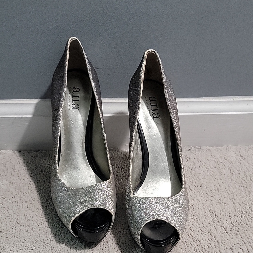 a.n.a Silver and Black Women's Peep Toe Heels